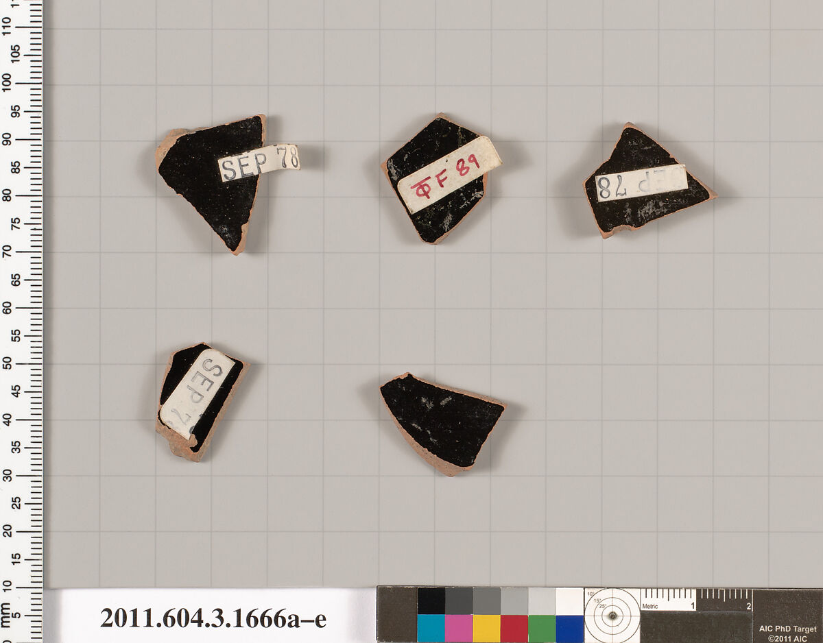Terracotta fragments of kylikes: Band or lip cups (drinking cups), Terracotta, Greek, Attic