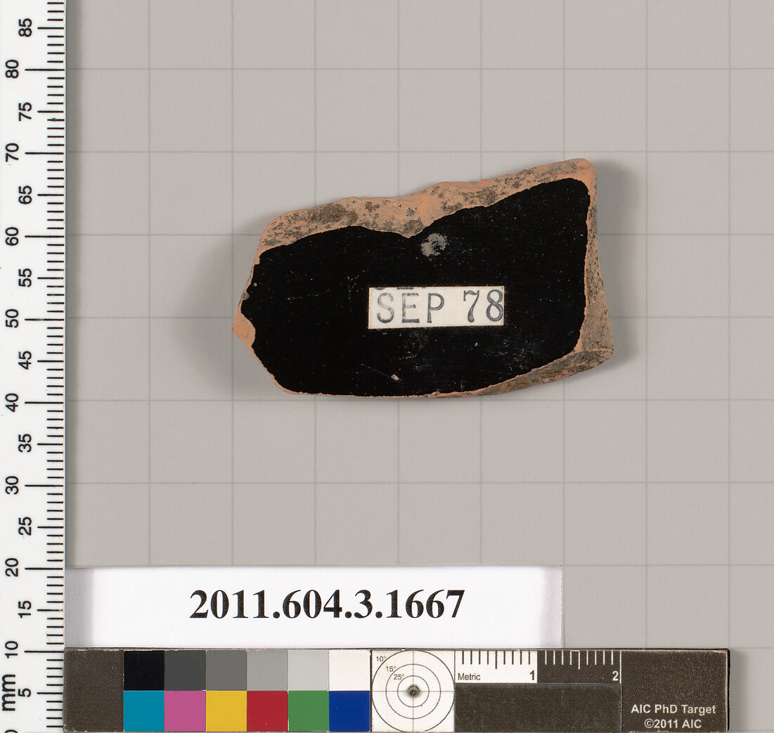 Terracotta fragment of a kylix: Band or lip cup (drinking cup), Terracotta, Greek, Attic