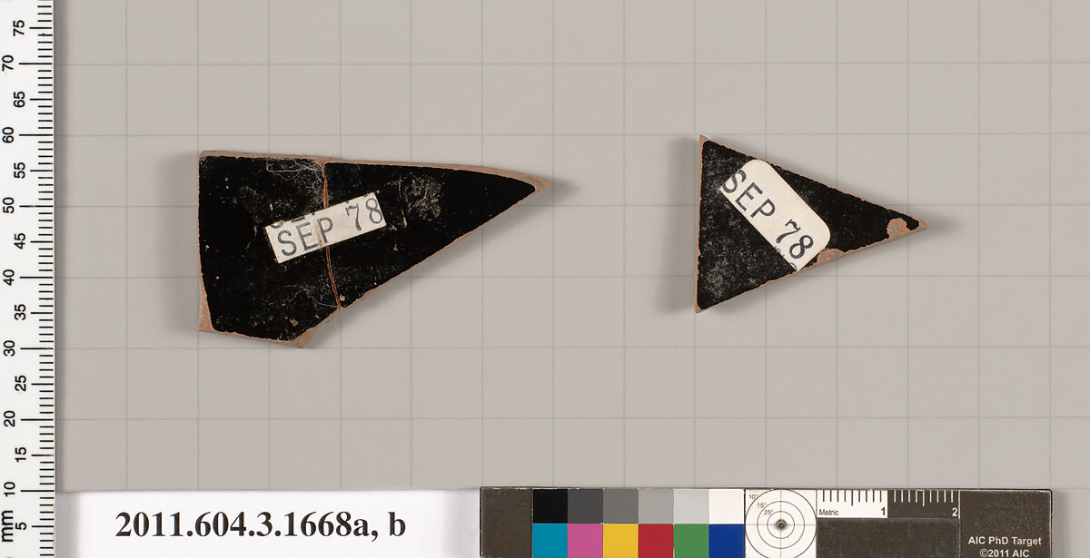 Terracotta fragments of kylikes: Band or lip cups (drinking cups), Terracotta, Greek, Attic