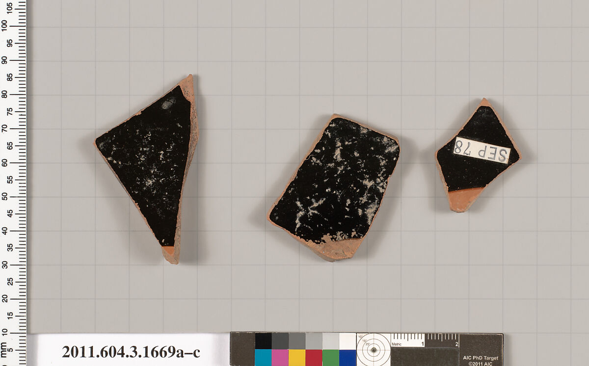 Terracotta fragments of kylikes: Band or lip cups (drinking cups), Terracotta, Greek, Attic