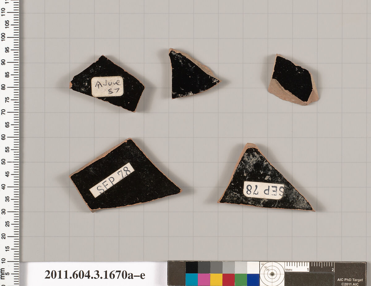 Terracotta fragments of kylikes: Band or lip cups (drinking cups), Terracotta, Greek, Attic