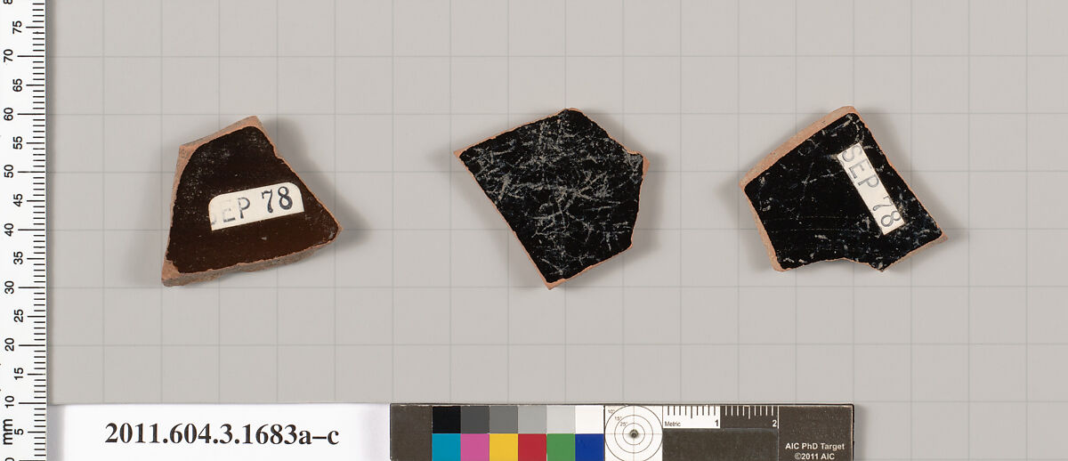 Terracotta fragments of kylikes: Band or lip cups (drinking cups), Terracotta, Greek, Attic