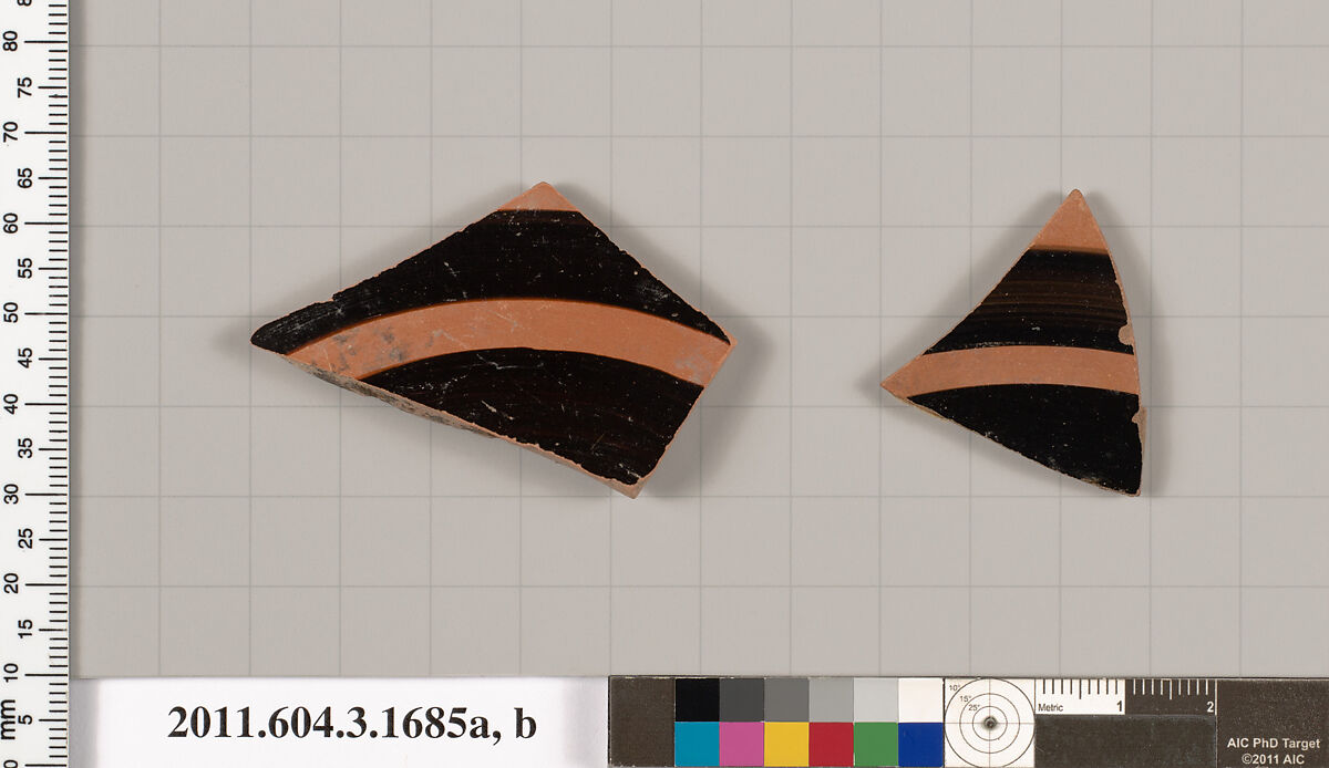 Terracotta fragments of kylikes: Band or lip cups (drinking cups), Terracotta, Greek, Attic 