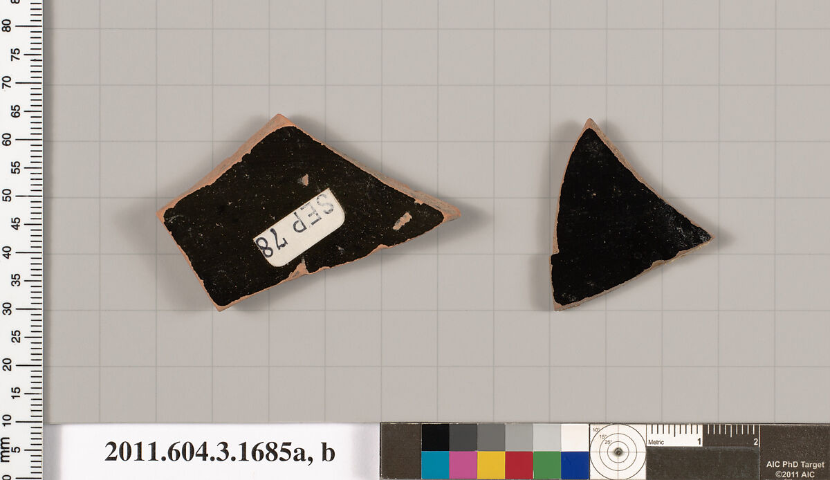 Terracotta fragments of kylikes: Band or lip cups (drinking cups), Terracotta, Greek, Attic