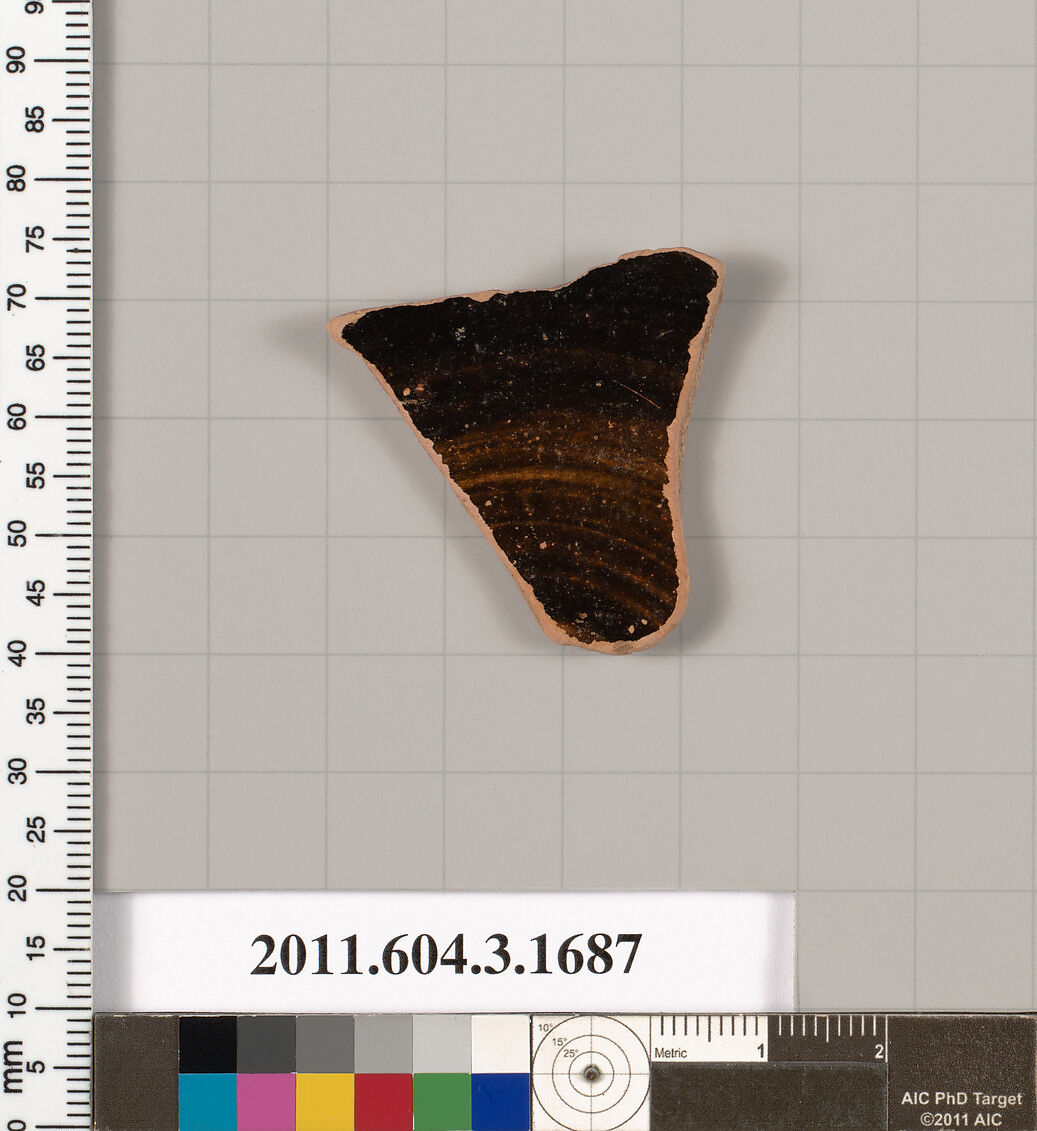 Terracotta fragment of a kylix: Band or lip cup (drinking cup), Terracotta, Greek, Attic