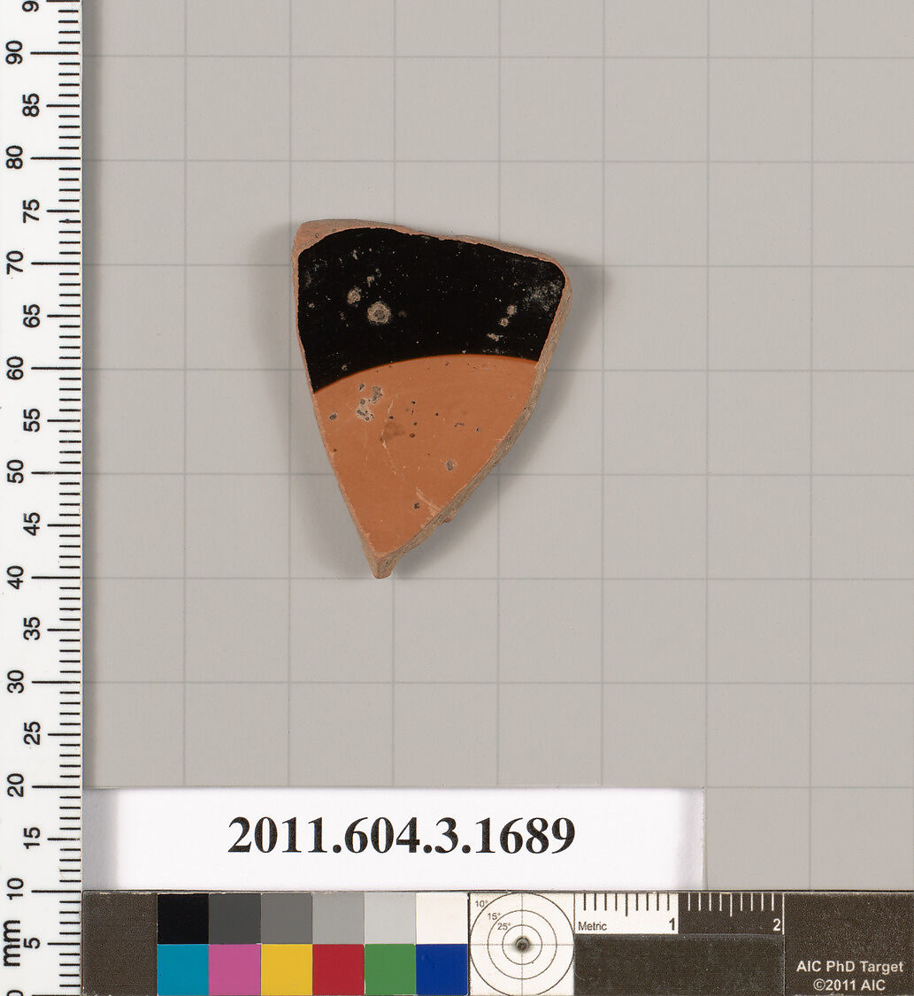 Terracotta fragment of a kylix: Band or lip cup (drinking cup), Terracotta, Greek, Attic