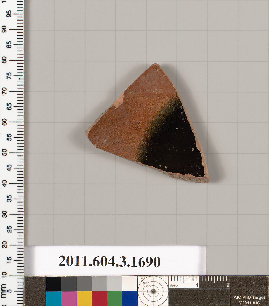 Terracotta fragment of a kylix: Band or lip cup (drinking cup), Terracotta, Greek, Attic