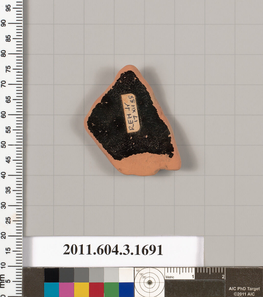 Terracotta fragment of a kylix: Band or lip cup (drinking cup), Terracotta, Greek, Attic