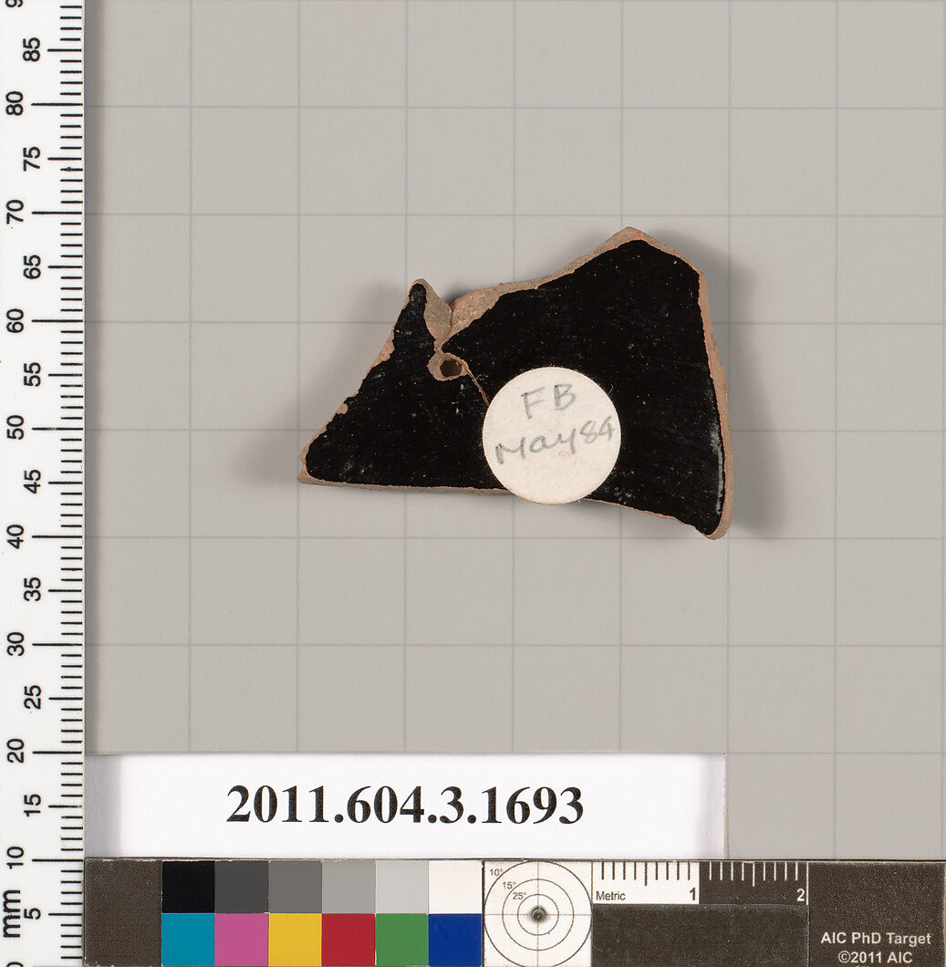 Terracotta fragment of a kylix: Band or lip cup (drinking cup), Terracotta, Greek, Attic