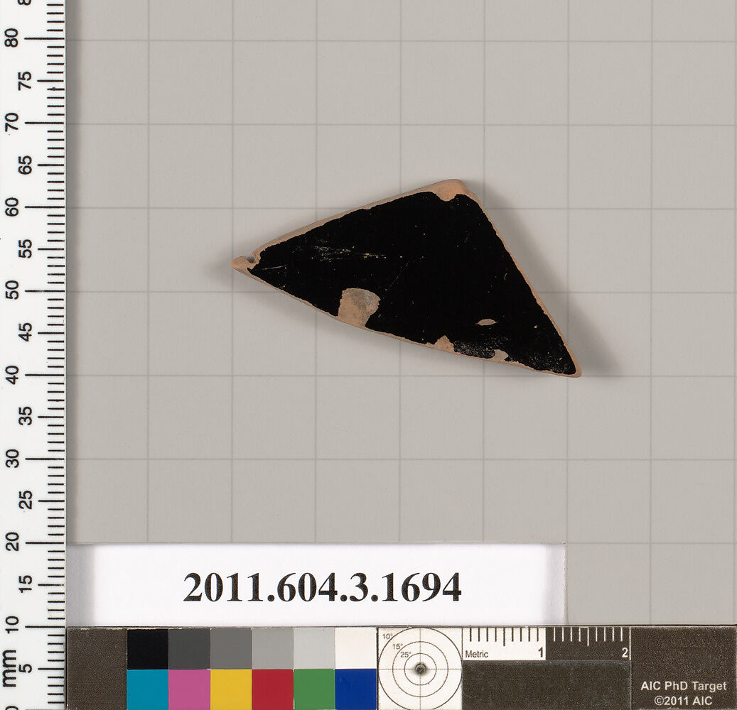 Terracotta fragment of a kylix: Band or lip cup (drinking cup), Terracotta, Greek, Attic