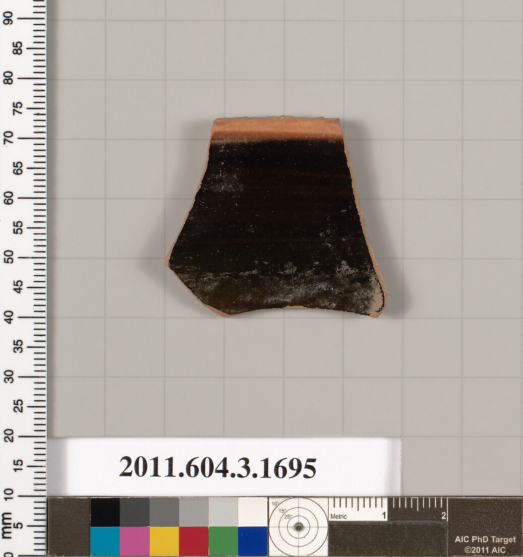 Terracotta rim fragment of a kylix: Band cup (drinking cup), Terracotta, Greek, Attic