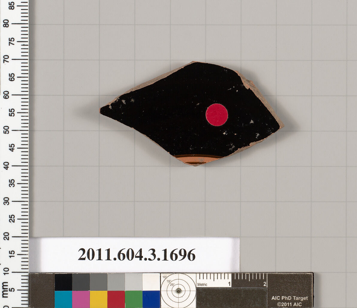 Terracotta fragment of a kylix: Band or lip cup (drinking cup), Terracotta, Greek, Attic 