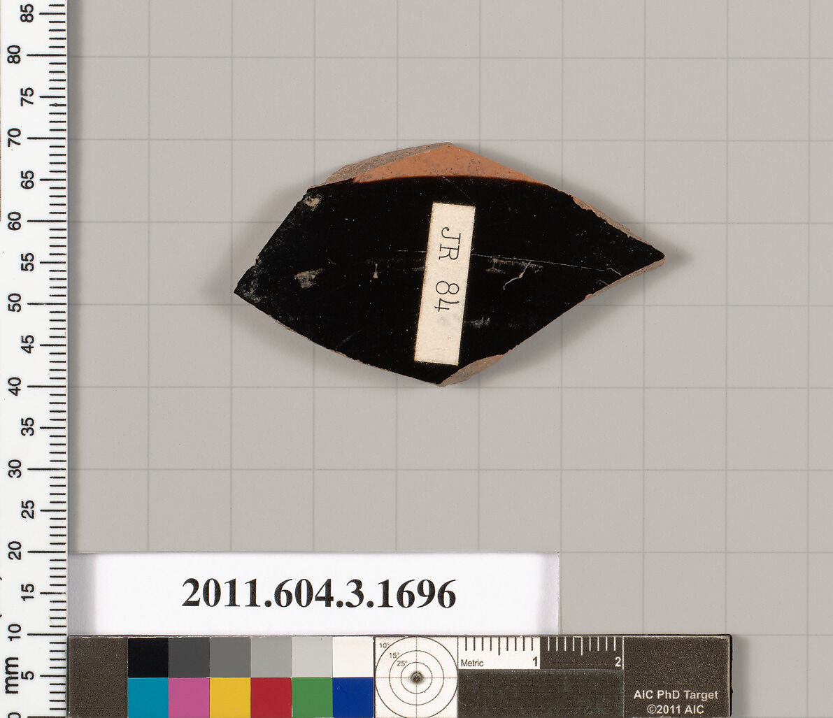 Terracotta fragment of a kylix: Band or lip cup (drinking cup), Terracotta, Greek, Attic