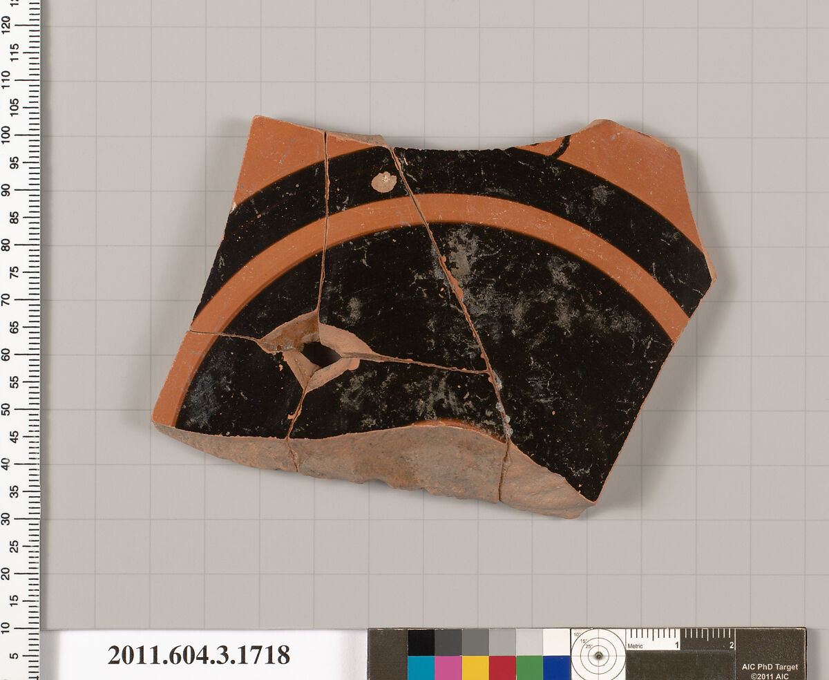 Terracotta fragment of a kylix: Lip cup (drinking cup), Terracotta, Greek, Attic 