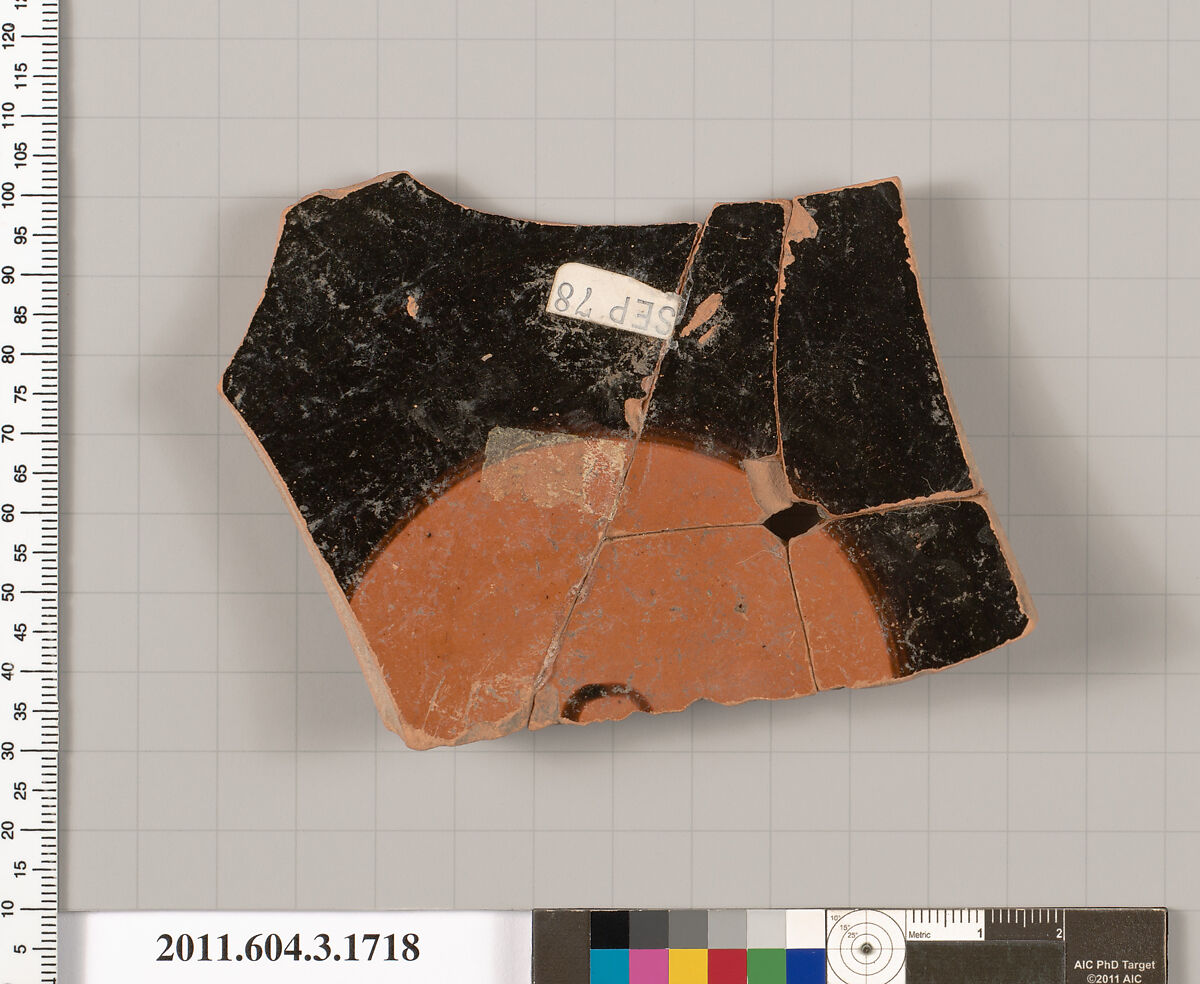 Terracotta fragment of a kylix: Lip cup (drinking cup), Terracotta, Greek, Attic