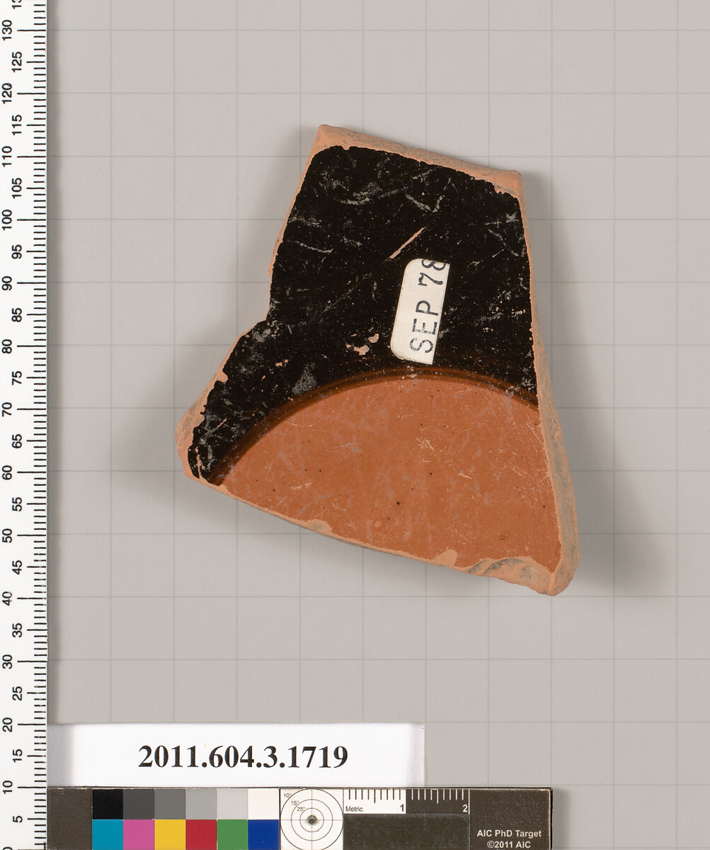 Terracotta fragment of a kylix: Lip cup (drinking cup), Terracotta, Greek, Attic