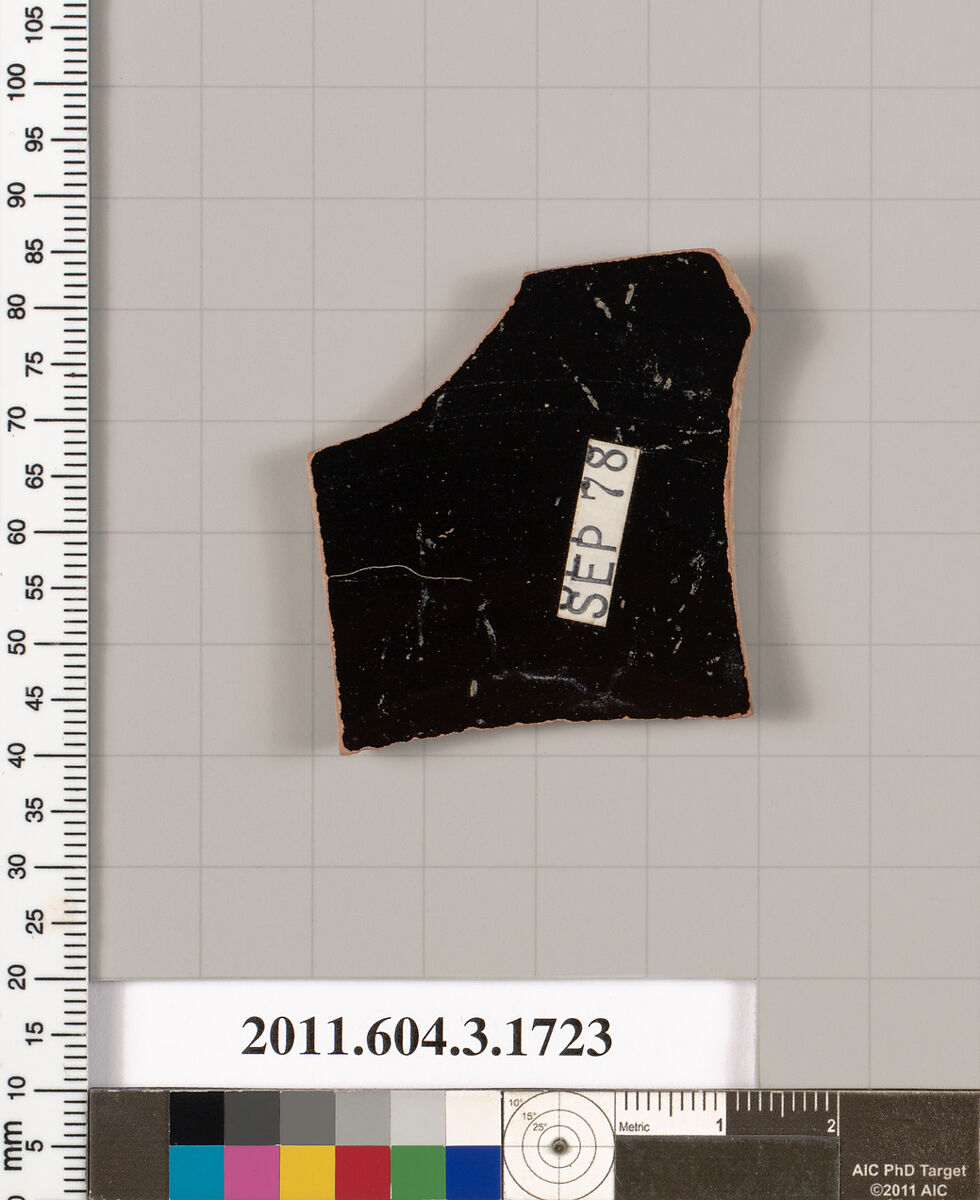 Terracotta fragment of a kylix: Band or lip cup (drinking cup), Terracotta, Greek, Attic