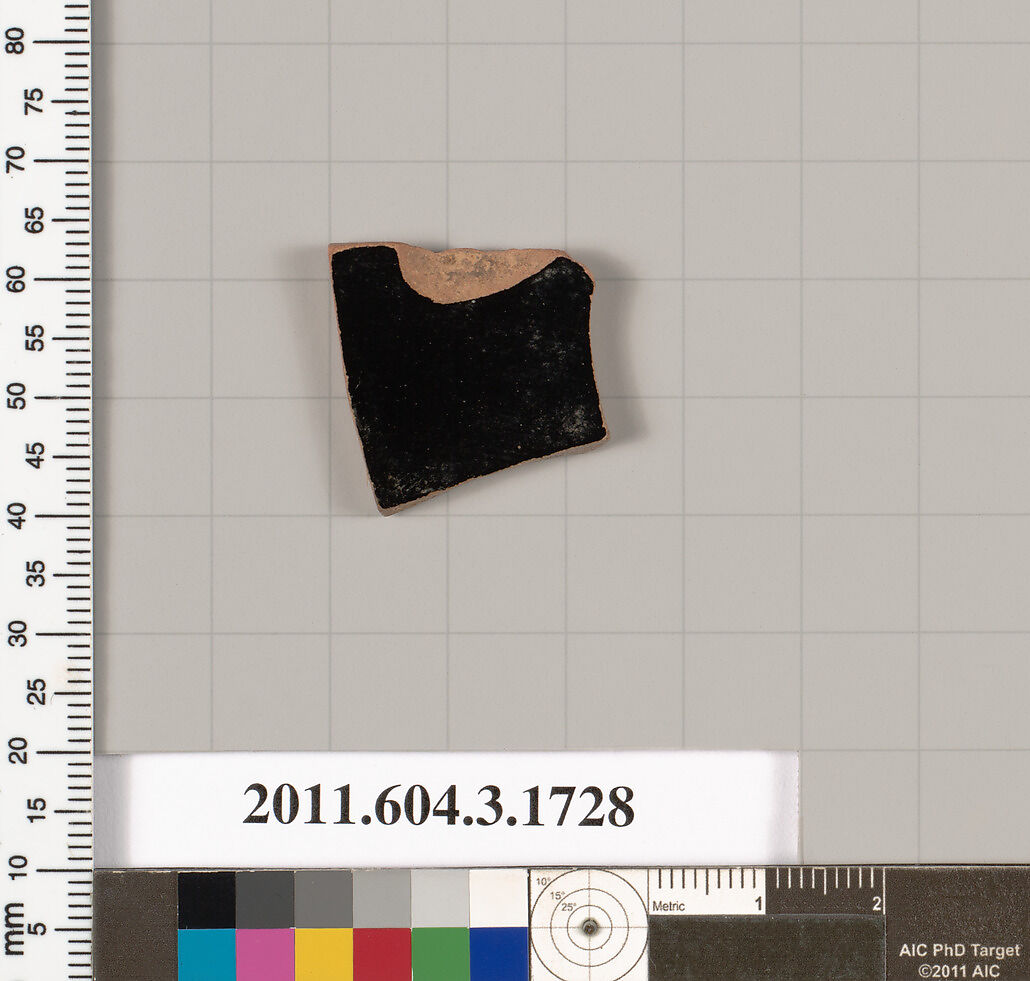 Terracotta fragment of a kylix: Band or lip cup (drinking cup), Terracotta, Greek, Attic
