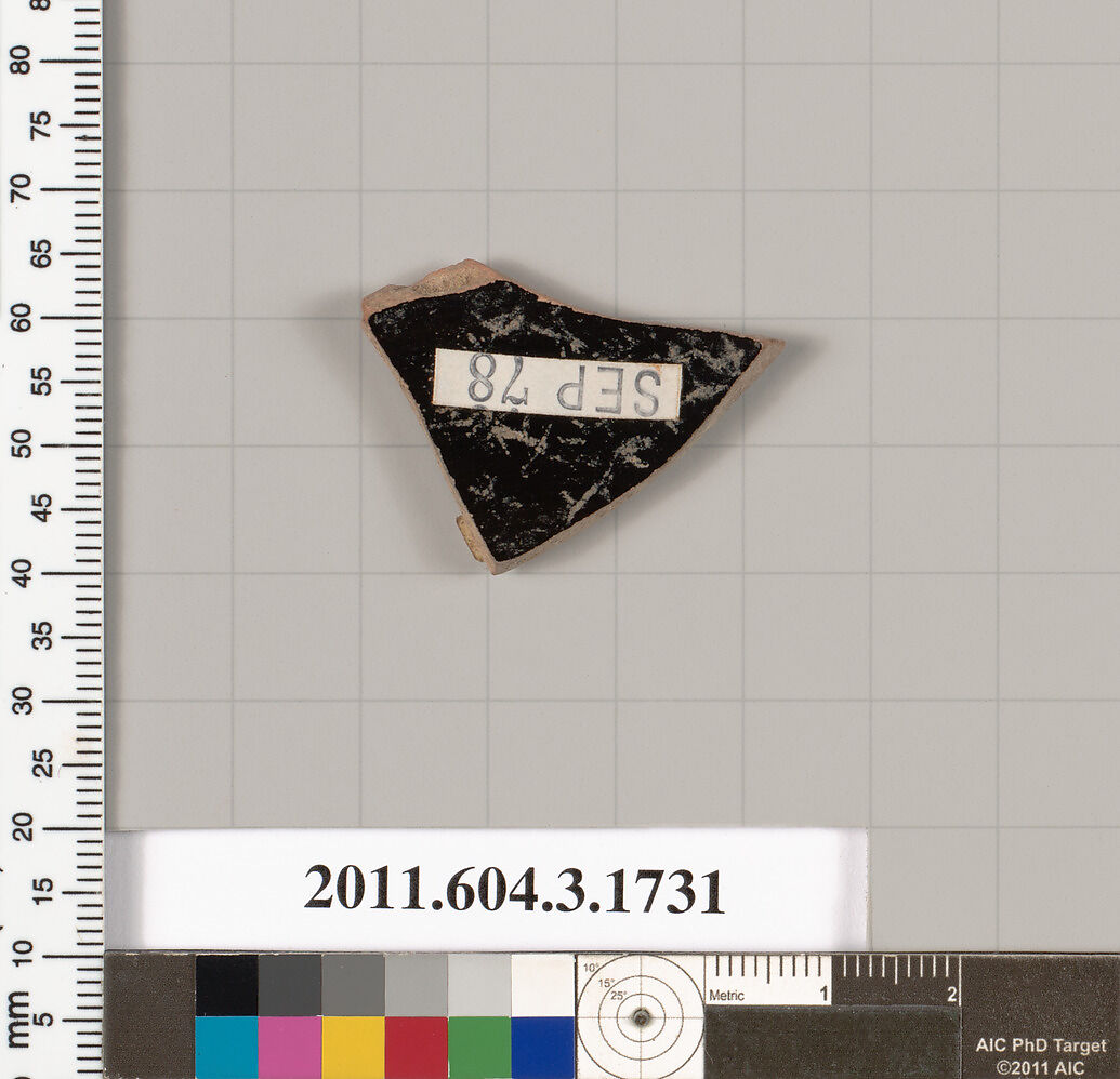 Terracotta fragment of a kylix: Band or lip cup (drinking cup), Terracotta, Greek, Attic