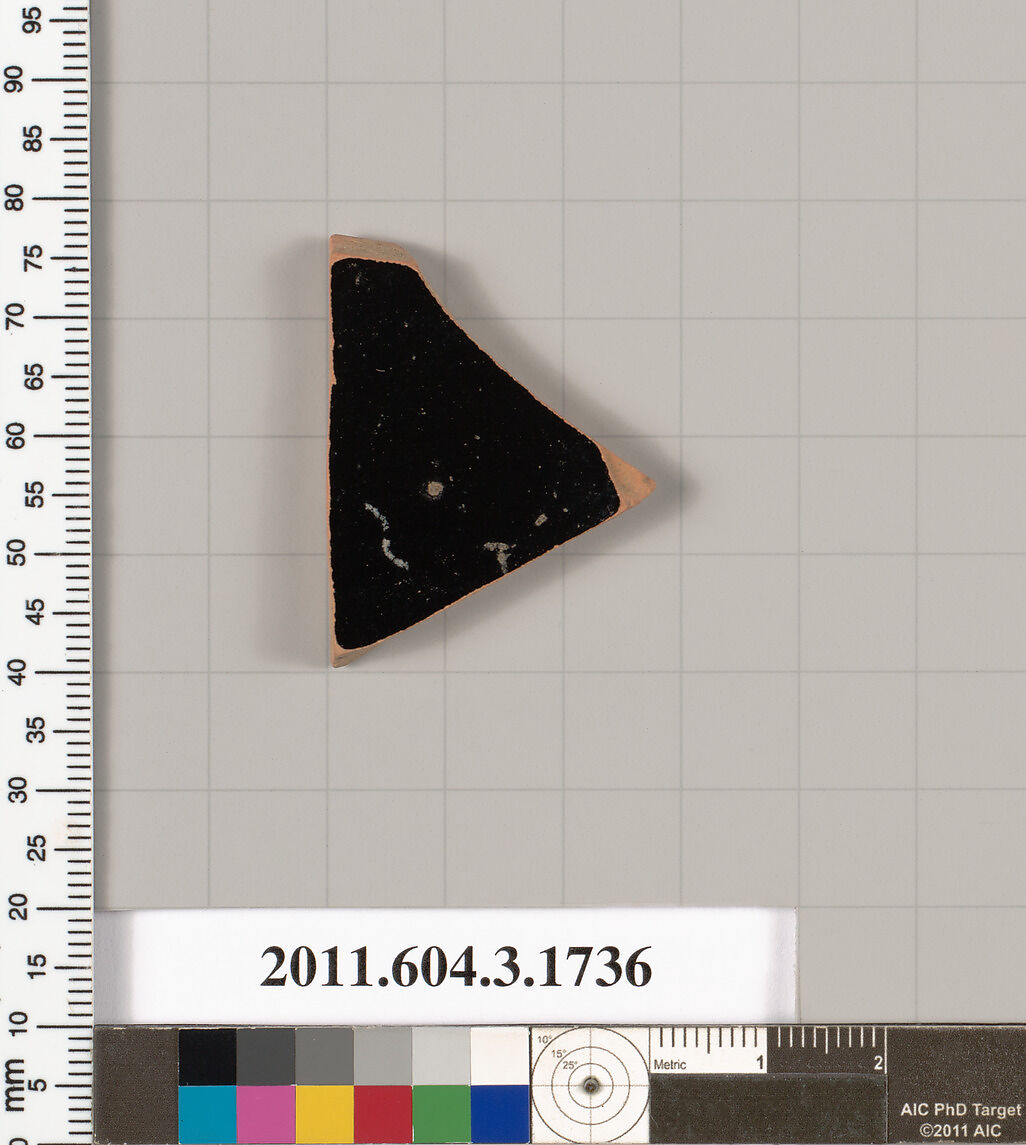 Terracotta fragment of a kylix: Band or lip cup (drinking cup), Terracotta, Greek, Attic