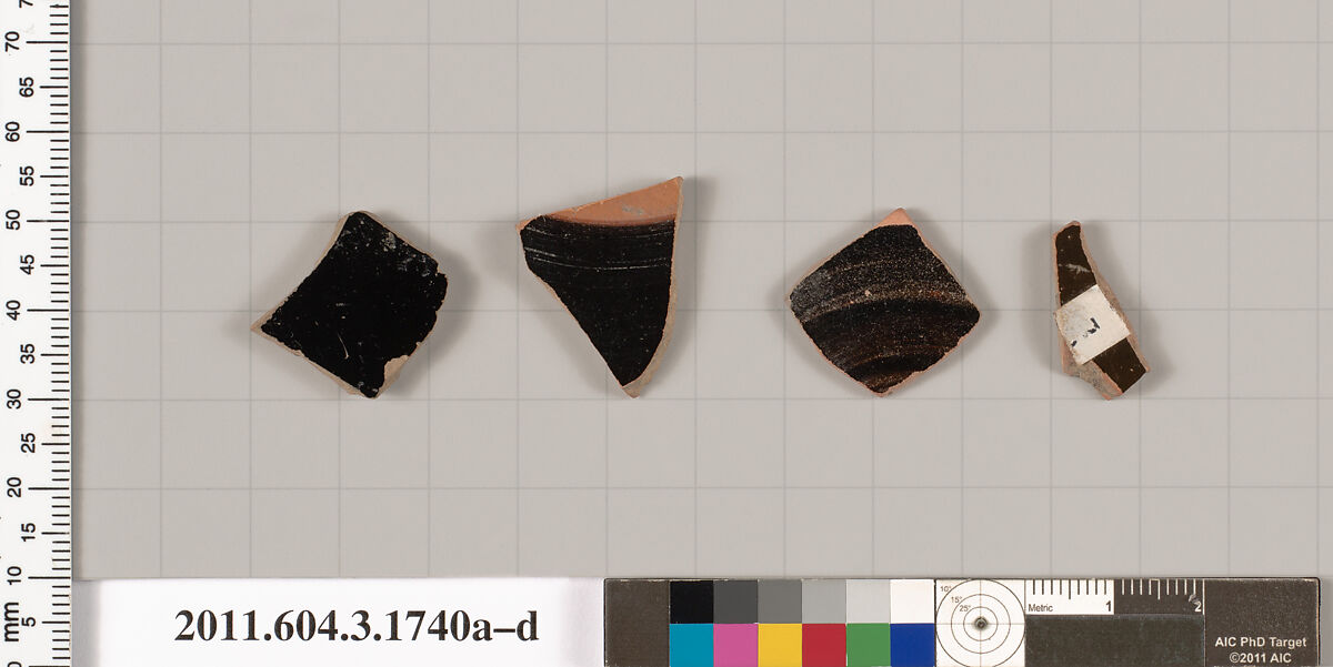Terracotta fragments of kylikes: Band or lip cups (drinking cups), Terracotta, Greek, Attic