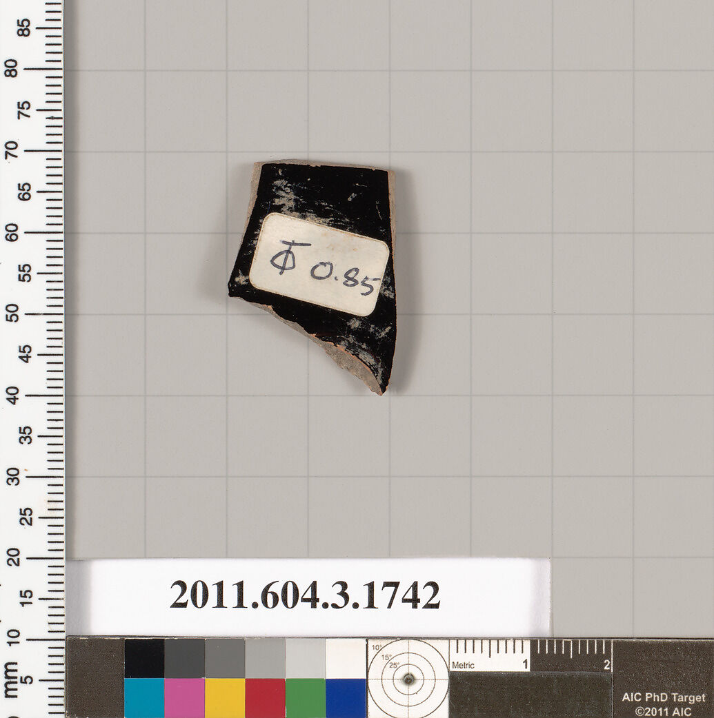 Terracotta fragment of a kylix: Band or lip cup (drinking cup), Terracotta, Greek, Attic