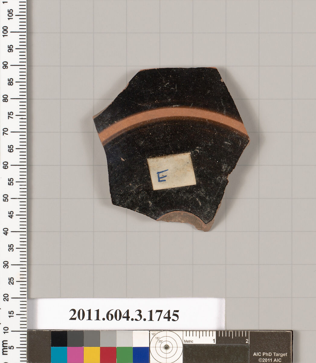 Terracotta fragment of a kylix: Band or lip cup (drinking cup), Terracotta, Greek, Attic