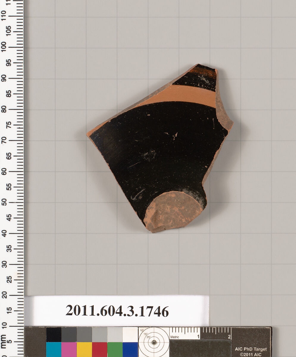 Terracotta fragment of a kylix: Band or lip cup (drinking cup), Terracotta, Greek, Attic