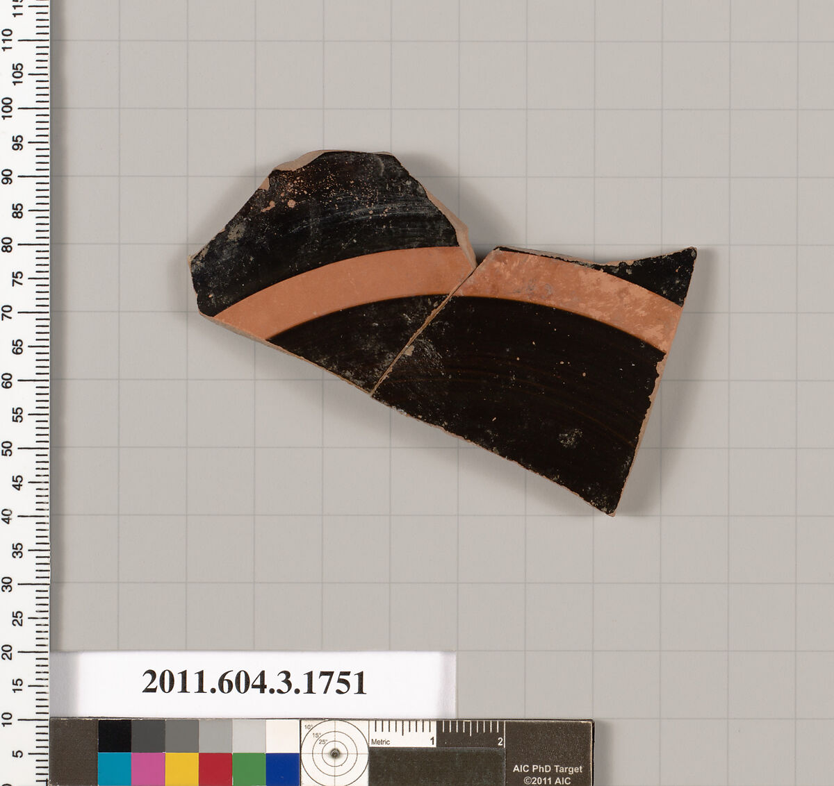 Terracotta fragment of a kylix: Band or lip cup (drinking cup), Terracotta, Greek, Attic