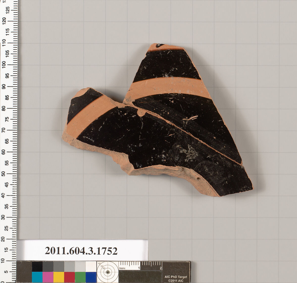 Terracotta fragment of a kylix: Band or lip cup (drinking cup), Terracotta, Greek, Attic