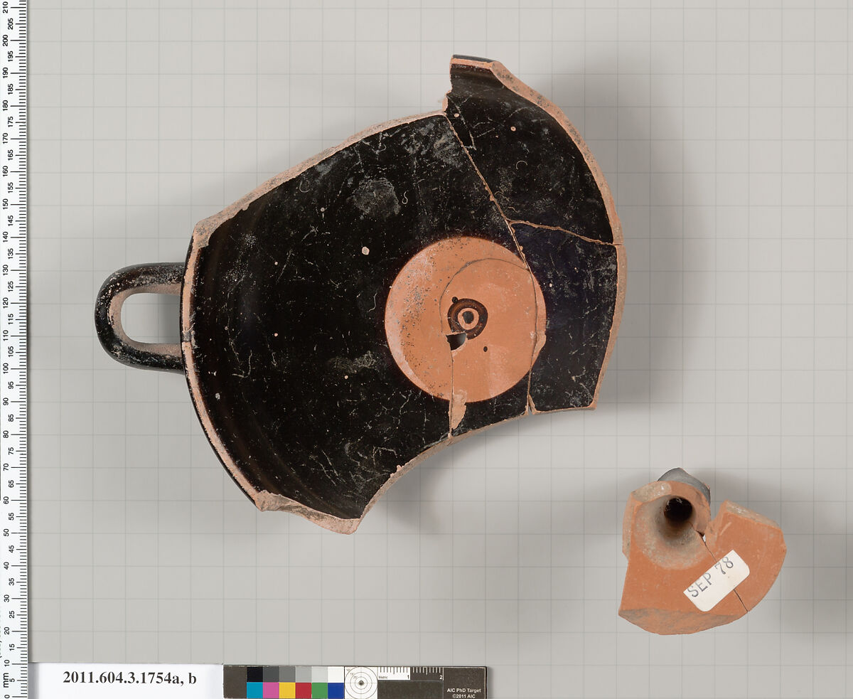 Terracotta fragments of a kylix: Band cup (drinking cup), Terracotta, Greek, Attic