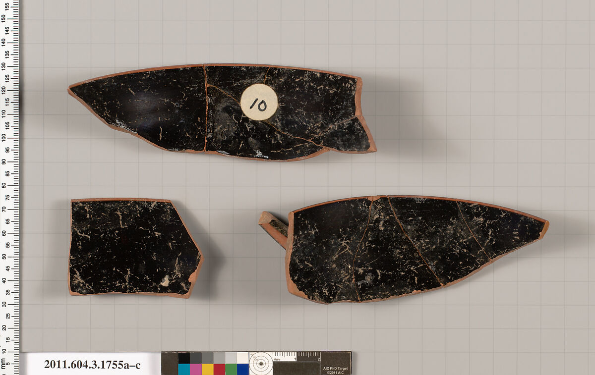 Terracotta fragments of a kylix: Band cup (drinking cup), Terracotta, Greek, Attic