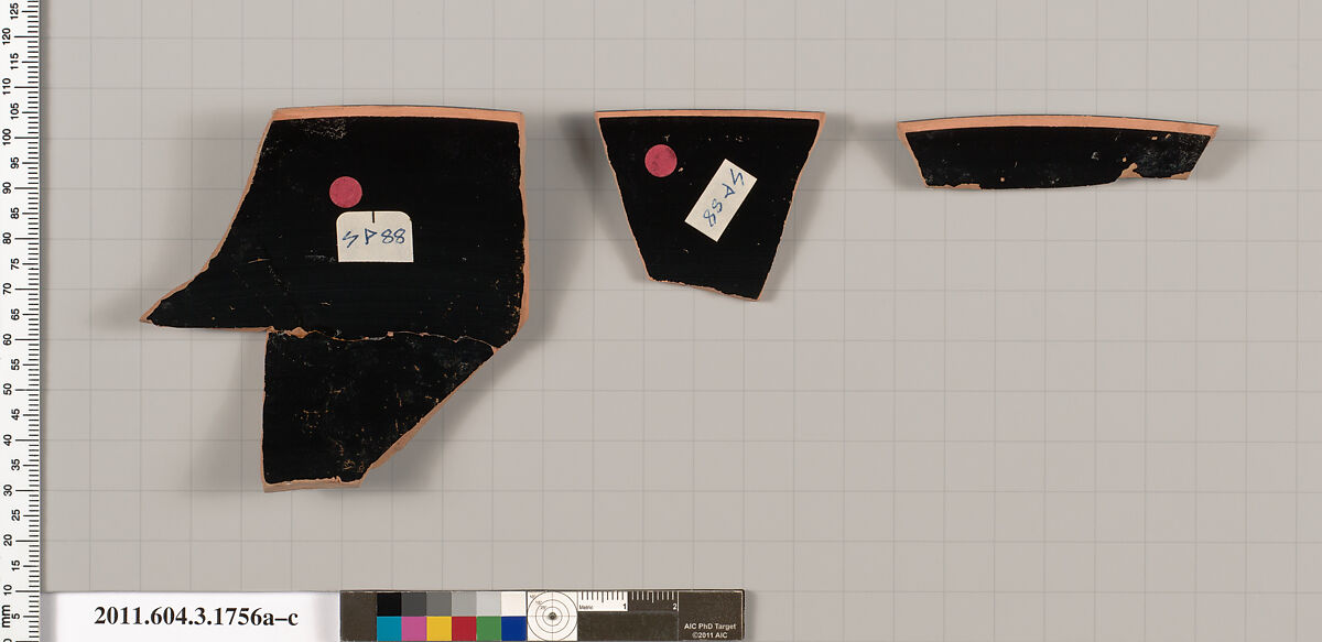 Terracotta fragments of a kylix: Band cup (drinking cup), Terracotta, Greek, Attic