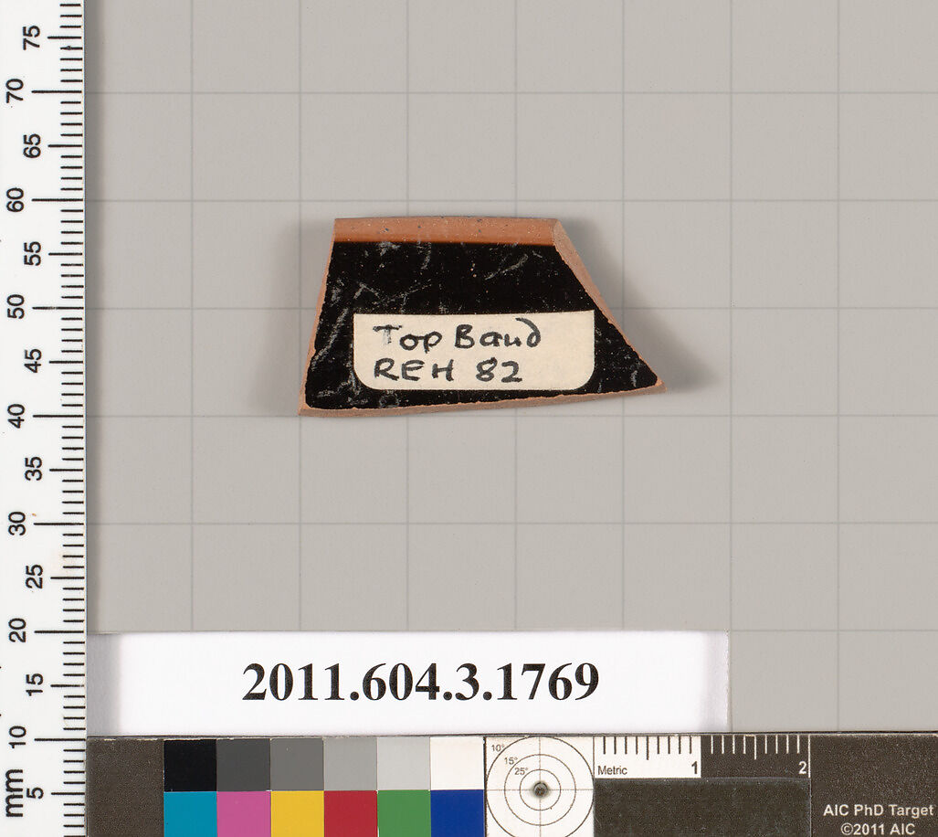 Terracotta rim fragment of a kylix: Band cup (drinking cup), Terracotta, Greek, Attic