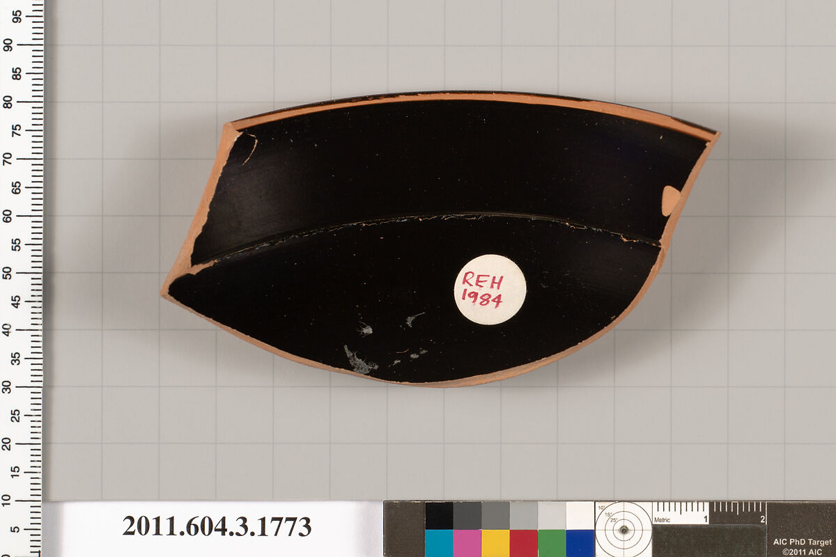 Terracotta rim fragment of a kylix: Lip cup (drinking cup), Terracotta, Greek, Attic