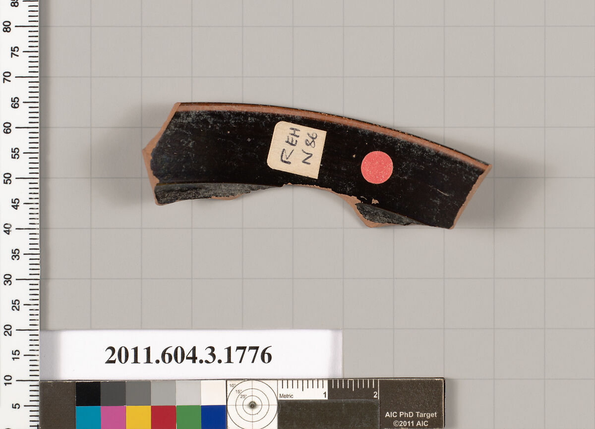 Terracotta rim fragment of a kylix: Lip cup (drinking cup), Terracotta, Greek, Attic