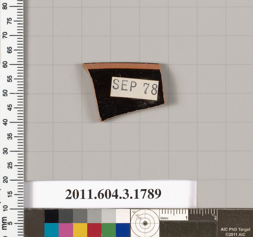 Terracotta rim fragment of a kylix: Lip cup (drinking cup), Terracotta, Greek, Attic