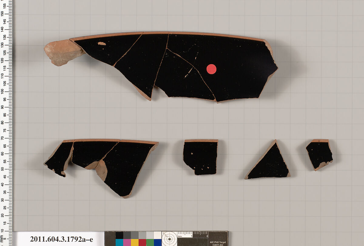 Terracotta fragments of a kylix: Band cup (drinking cup), Terracotta, Greek, Attic
