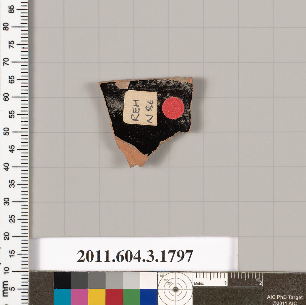 Terracotta fragment of a kylix: Lip cup (drinking cup), Terracotta, Greek, Attic