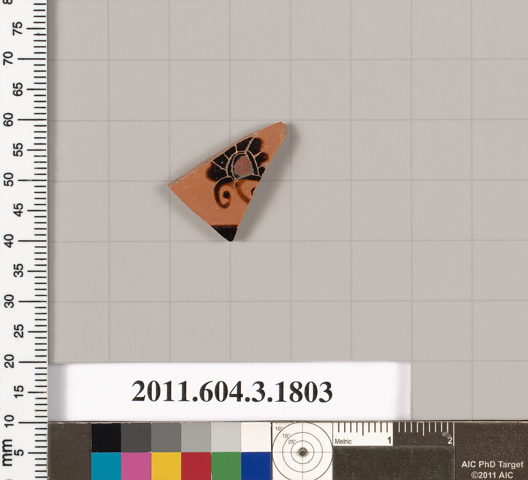 Terracotta fragment of a kylix: Lip cup (drinking cup), Terracotta, Greek, Attic 