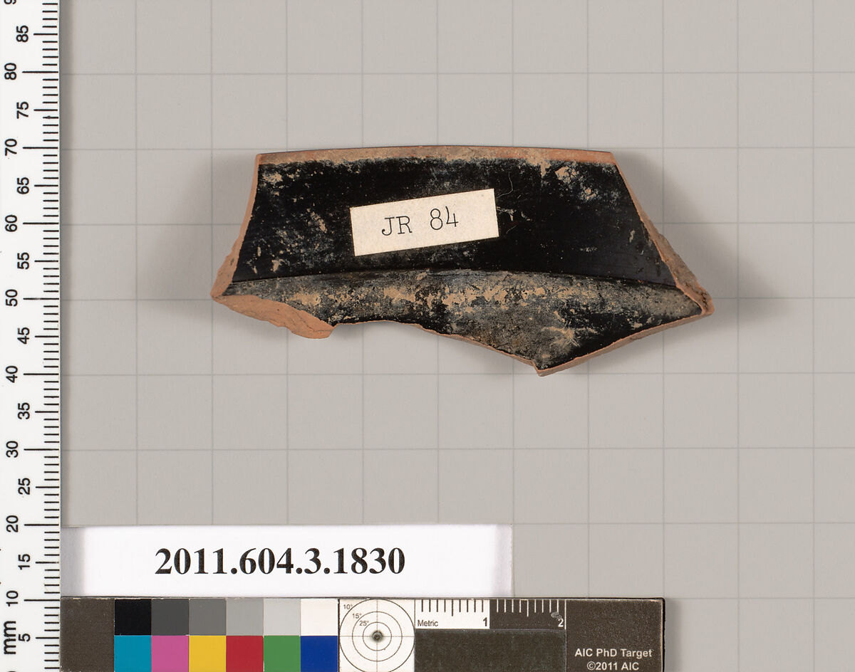 Terracotta fragment of a kylix: Lip cup (drinking cup), Terracotta, Greek, Attic