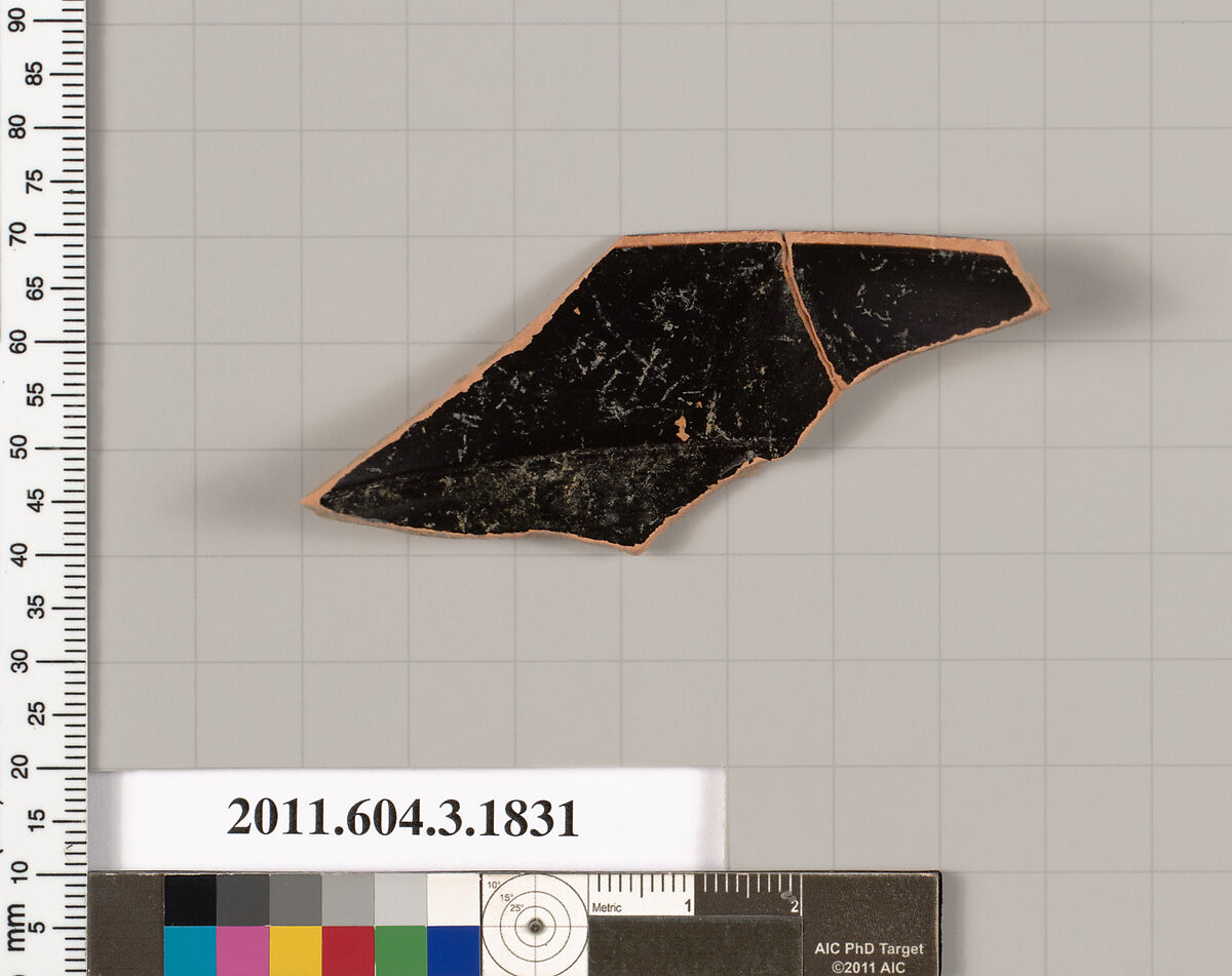 Terracotta fragment of a kylix: Lip cup (drinking cup), Terracotta, Greek, Attic