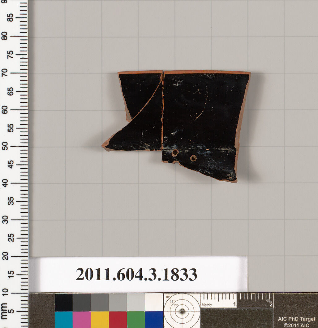 Terracotta fragment of a kylix: Lip cup (drinking cup), Terracotta, Greek, Attic