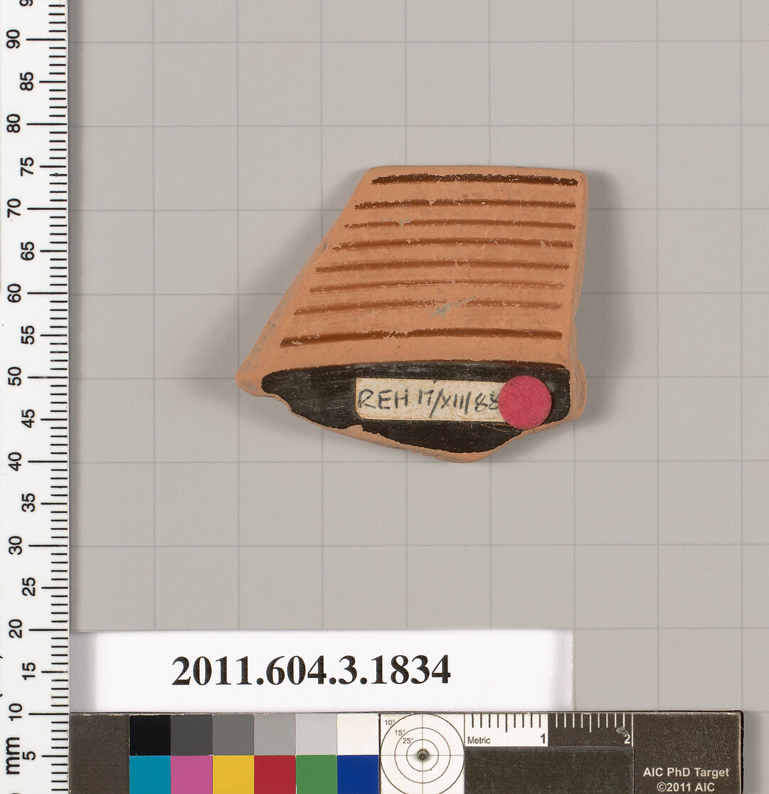 Terracotta fragment of a kylix: Lip cup (drinking cup), Terracotta, Greek, Attic
