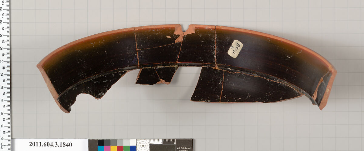Terracotta fragment of a kylix: Band or lip cup (drinking cup), Terracotta, Greek, Attic