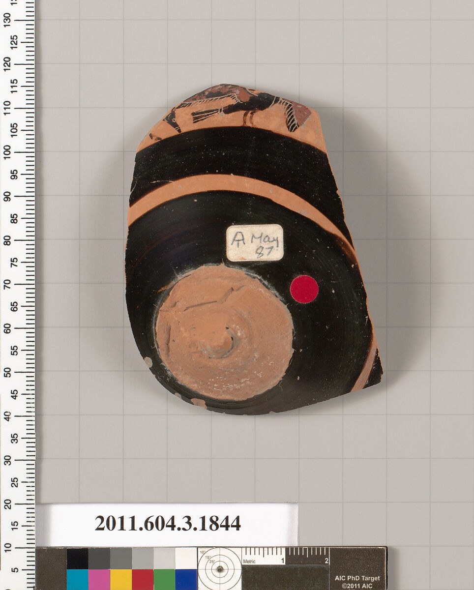 Terracotta fragment of a kylix: Lip cup (drinking cup), Terracotta, Greek, Attic