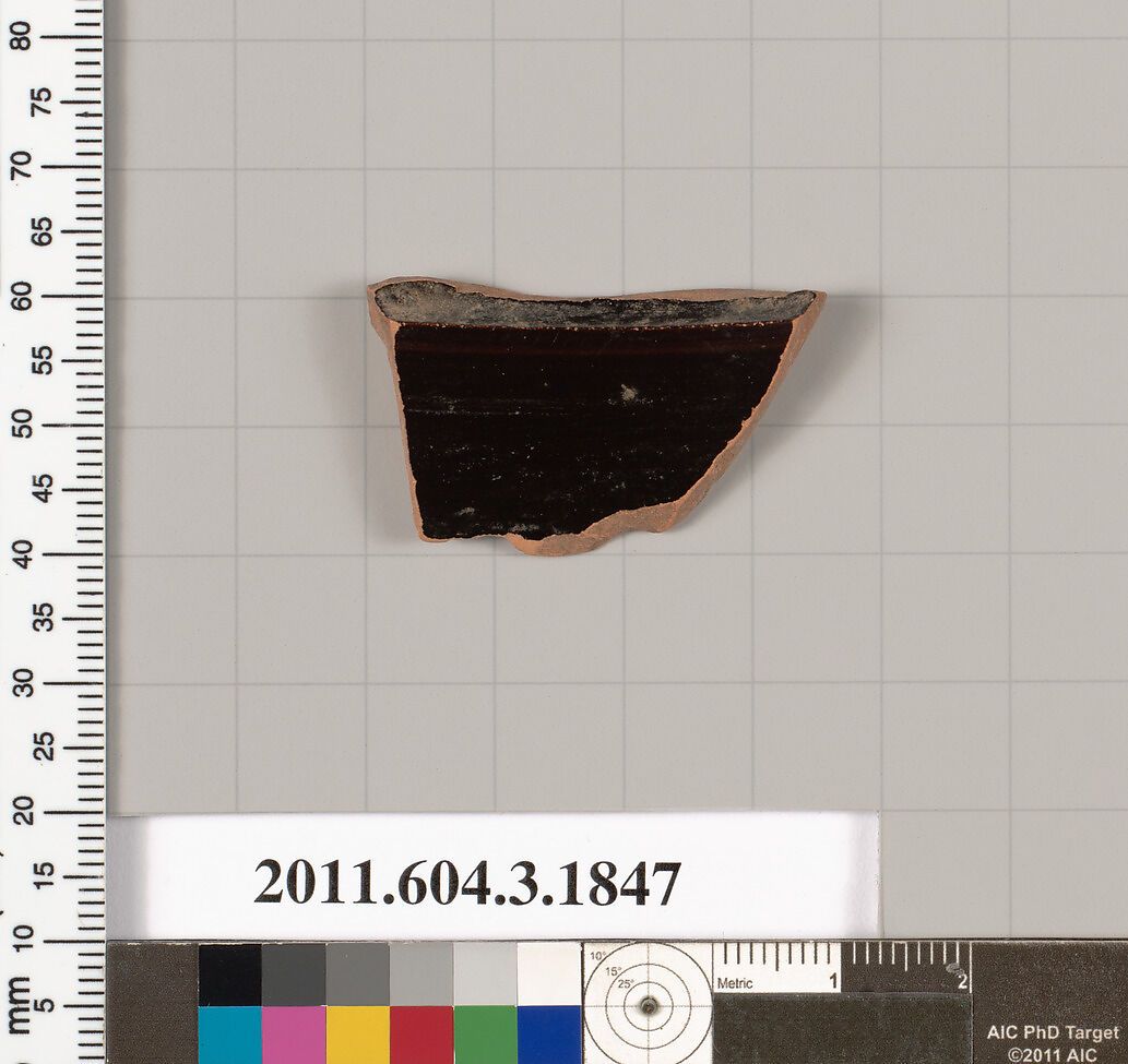 Terracotta fragment of a kylix: Lip cup (drinking cup), Terracotta, Greek, Attic