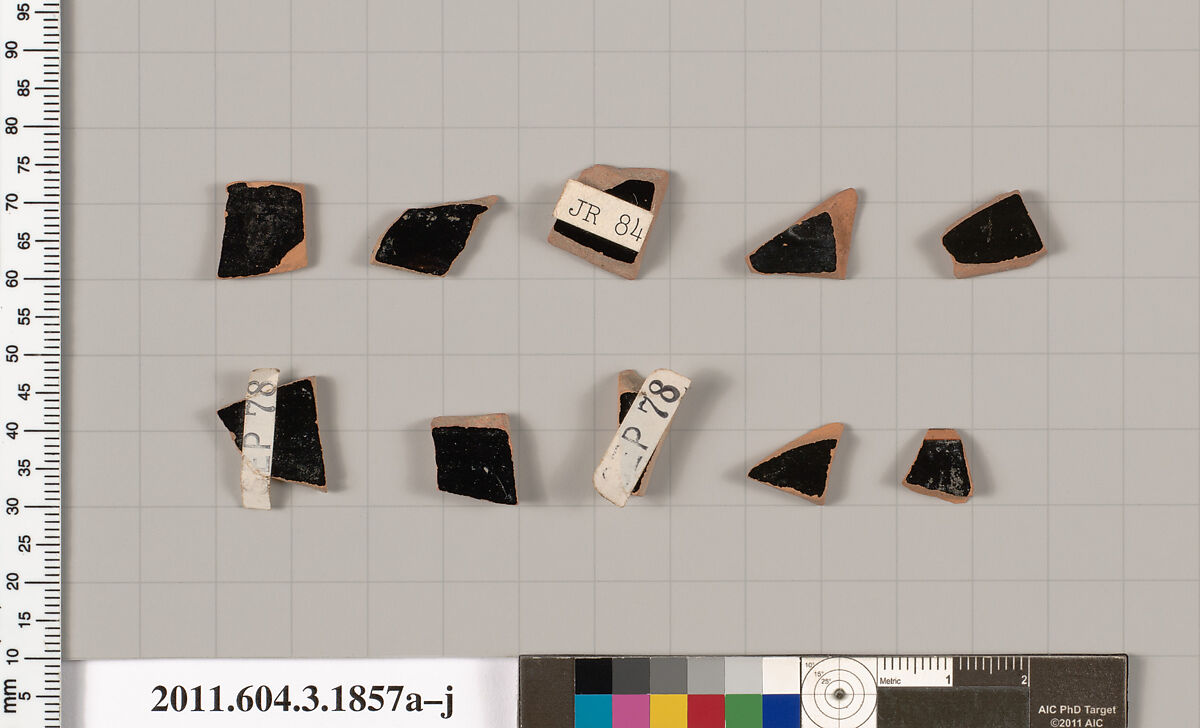 Terracotta fragments of kylikes: Band or lip cups (drinking cups), Terracotta, Greek, Attic