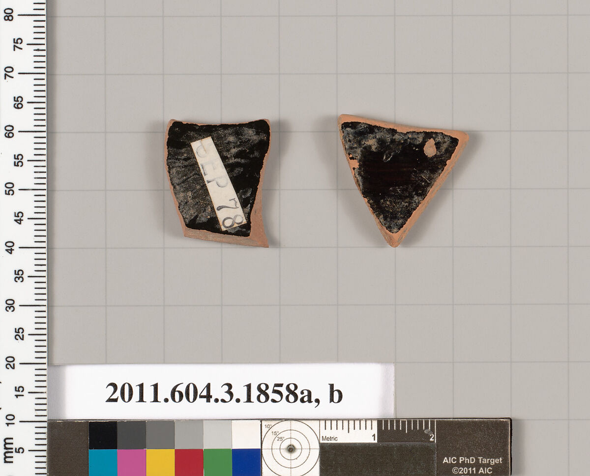Terracotta fragments of kylikes: Band or lip cups (drinking cups), Terracotta, Greek, Attic