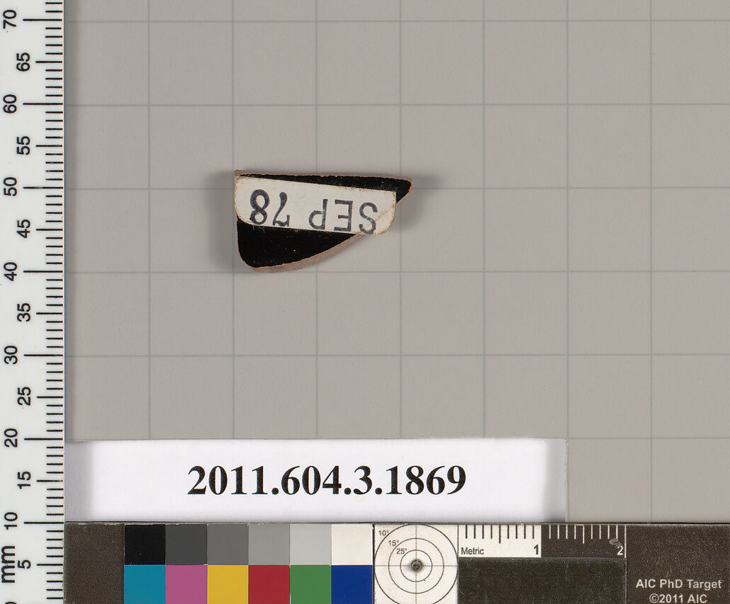 Terracotta fragment of a kylix: Band or lip cup (drinking cup), Terracotta, Greek, Attic